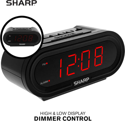 Sharp Digital Alarm with AccuSet - Automatic Smart Clock, Never Needs Setting - Great for Seniors, Kids, and Everyone who Doesn't Want to Set a Clock! Black Case with Red LEDs