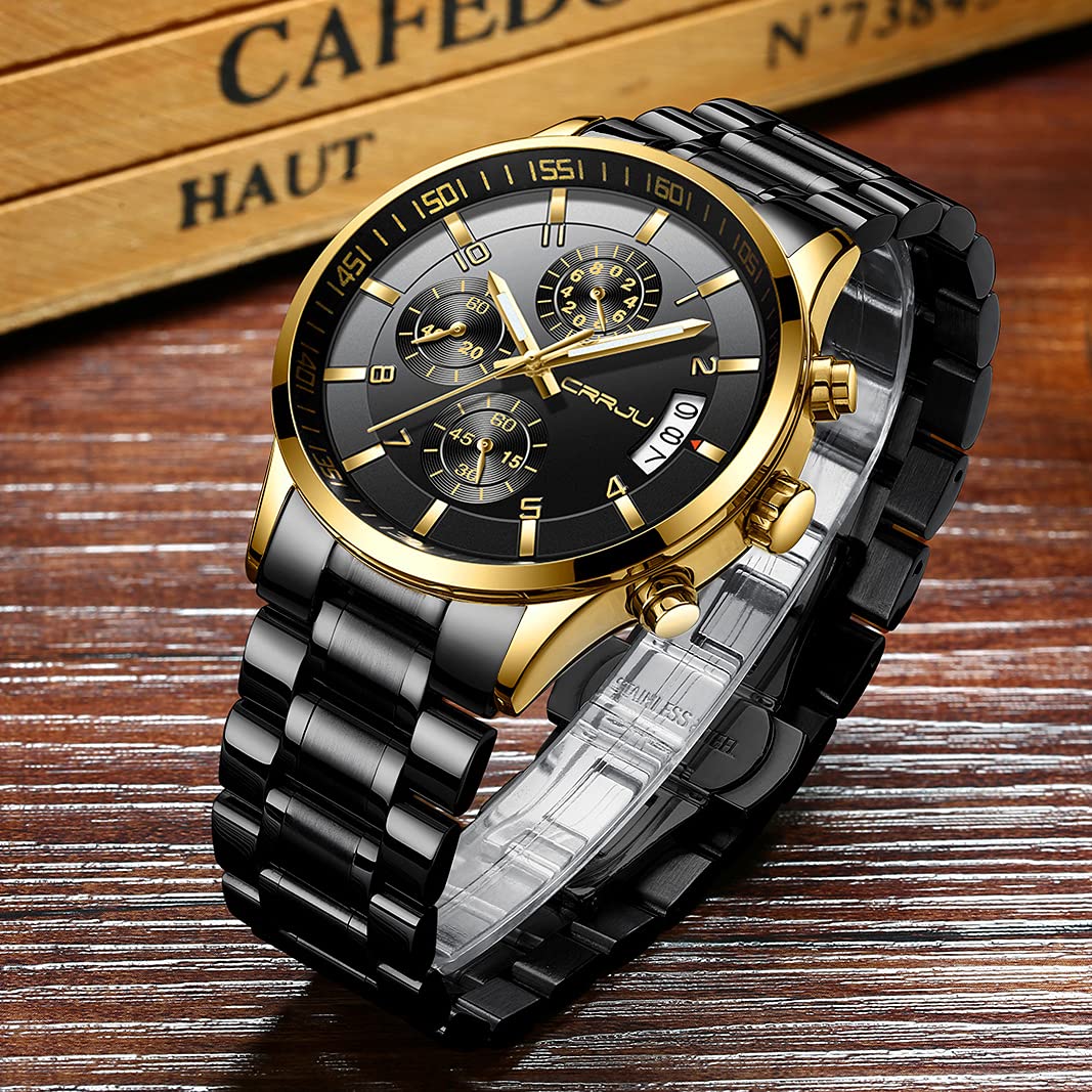 CRRJU Men's Fashion Stainless Steel Watches Date Waterproof Chronograph Wrist watches,Stainsteel Steel Band Waterproof Watch