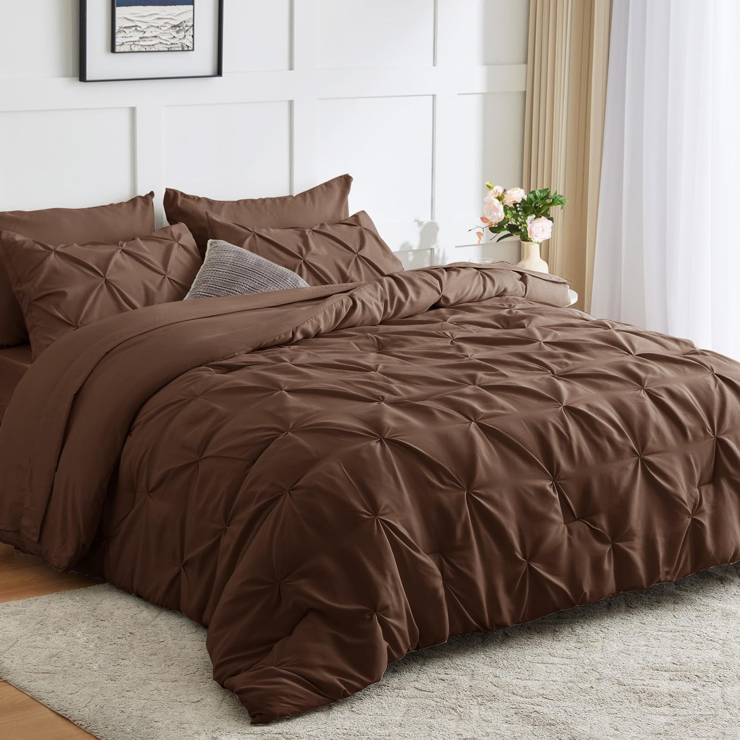 CozyLux Queen Comforter Set 7 Pieces Bed in A Bag Black Comforters Queen Size Bed Set Pintuck Pinch Pleat Complete Bedding Sets with Comforter, Flat Sheet, Fitted Sheet and Pillowcases & Shams