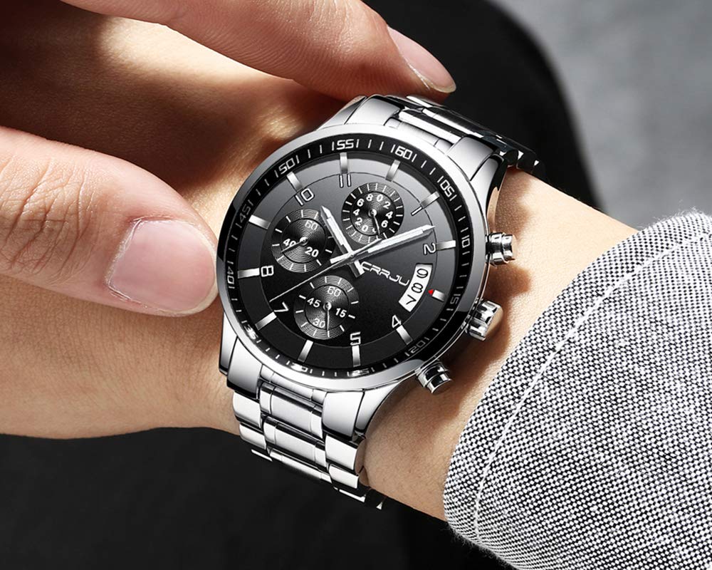 CRRJU Men's Fashion Stainless Steel Watches Date Waterproof Chronograph Wrist watches,Stainsteel Steel Band Waterproof Watch