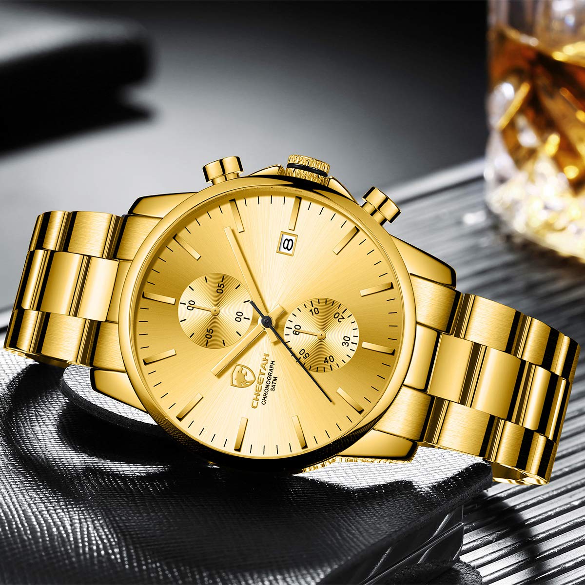 GOLDEN HOUR Fashion Businessmen's Watches with Stainless Steel Waterproof Chronograph Quartz Watch for Men, Auto Date