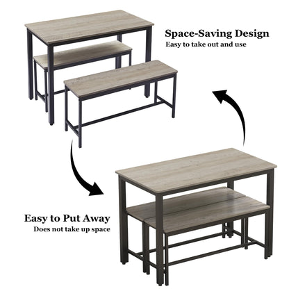 Dining Table Set for 4, Kitchen Room Table Set with 2 Benches, 3-Piece Dining Chairs Set for Breakfast Nook, Grey