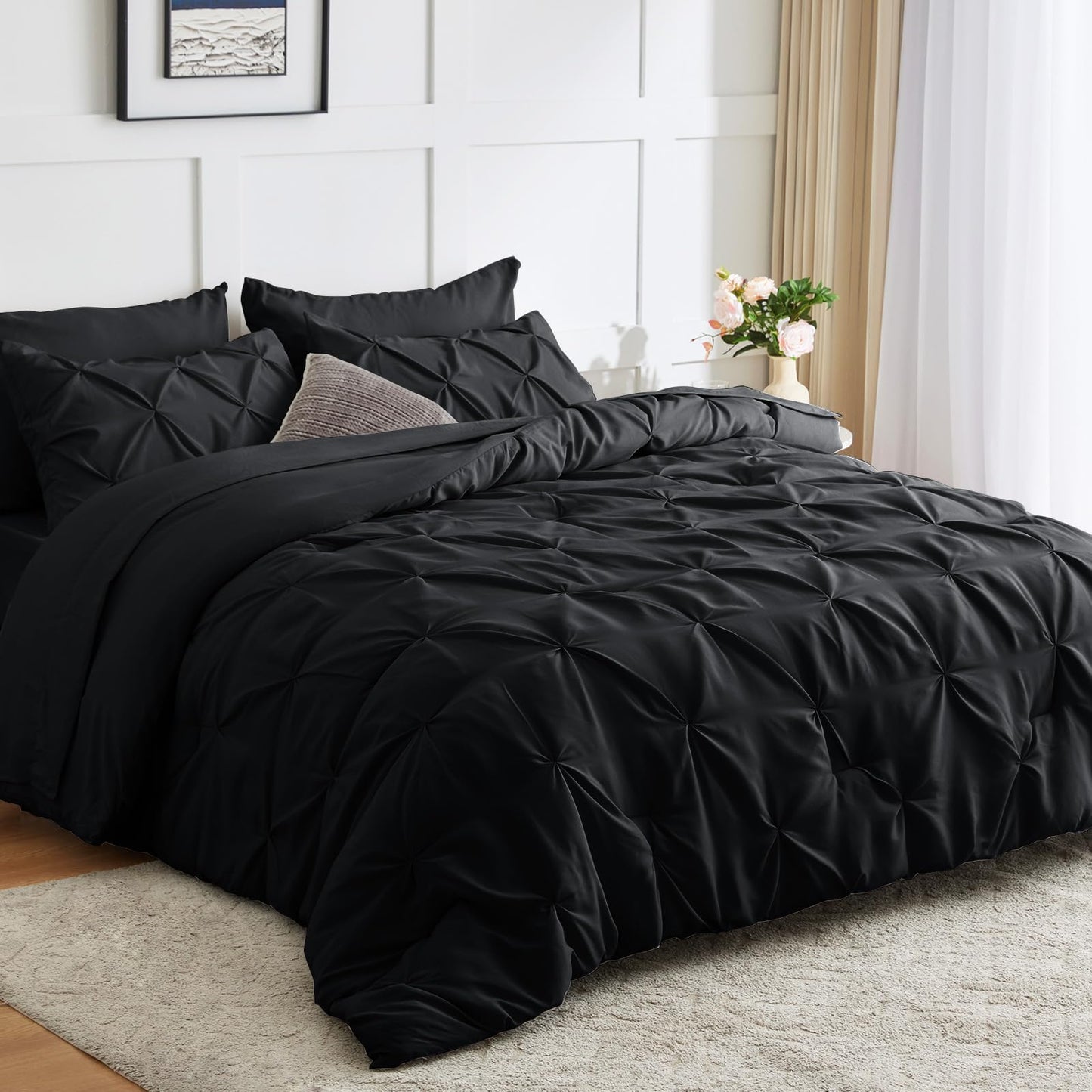 CozyLux Queen Comforter Set 7 Pieces Bed in A Bag Black Comforters Queen Size Bed Set Pintuck Pinch Pleat Complete Bedding Sets with Comforter, Flat Sheet, Fitted Sheet and Pillowcases & Shams