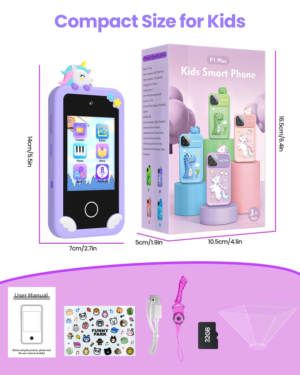 Kids Smart Phone for Girls with 4.0" Large Touchscreen, 32G Card Christmas Birthday Gifts for Age 3-10 Kid Toys Cell Phone with Holographic Pyramid, Toddler Learning Toy, Dual Lens, Music Player(Pink)