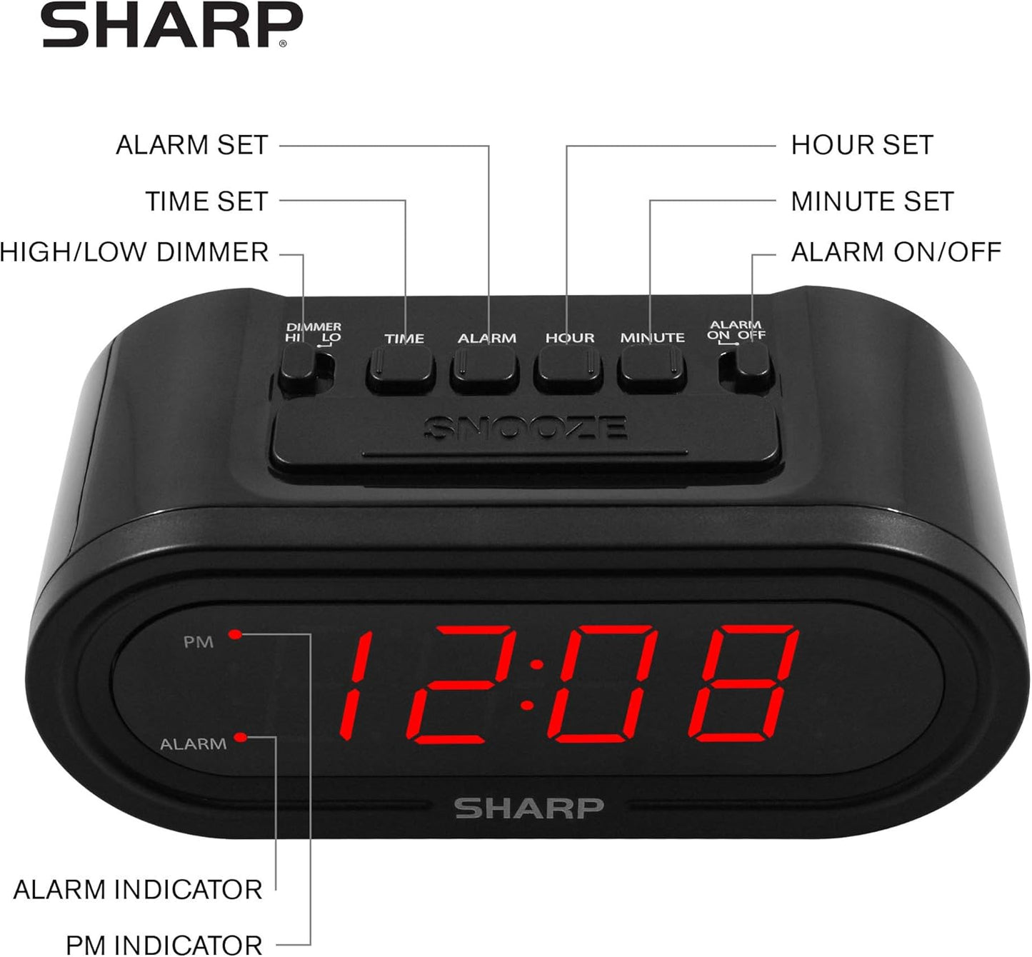 Sharp Digital Alarm with AccuSet - Automatic Smart Clock, Never Needs Setting - Great for Seniors, Kids, and Everyone who Doesn't Want to Set a Clock! Black Case with Red LEDs