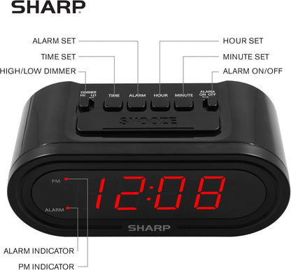 Sharp Digital Alarm with AccuSet - Automatic Smart Clock, Never Needs Setting - Great for Seniors, Kids, and Everyone who Doesn't Want to Set a Clock! Black Case with Red LEDs