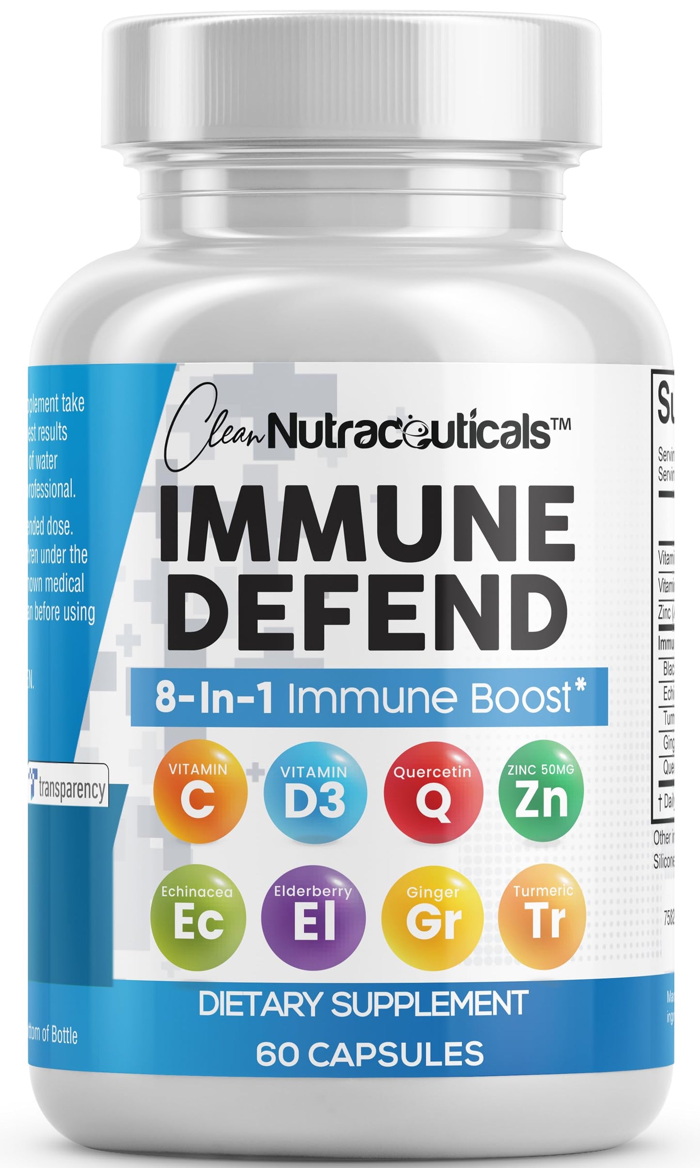 Clean Nutraceuticals Immune Defense Support Supplement 8 in 1 with Zinc 50mg Quercetin, VIT C 1000mg, Vitamin D3 5000 IU, Elderberry, Ginger - Immunity System Booster for Adults, Vegan - 60 Count