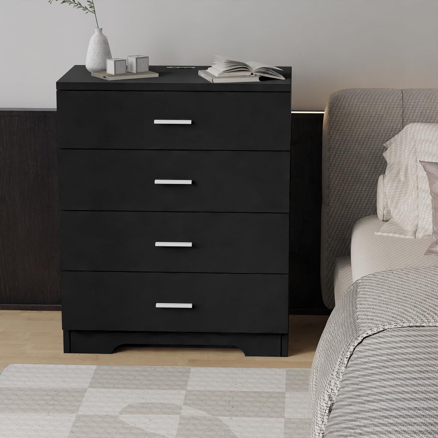 Dresser for Bedroom Black Dresser with Power Outlets Wood 6 Drawer Dresser with Large Organizer Tall Chest of Drawers Closet Modern Dresser for Bedroom Living Room Kids Room Hallway