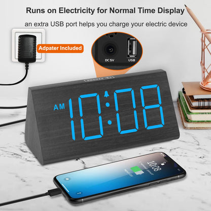 DreamSky Wooden Digital Alarm Clocks for Bedrooms - Electric Desk Clock with Large Numbers, USB Port, Loud Alarm for Heavy Sleepers, Adjustable Volume, Dimmer, Snooze, DST, 12/24H, Wood Décor Gifts