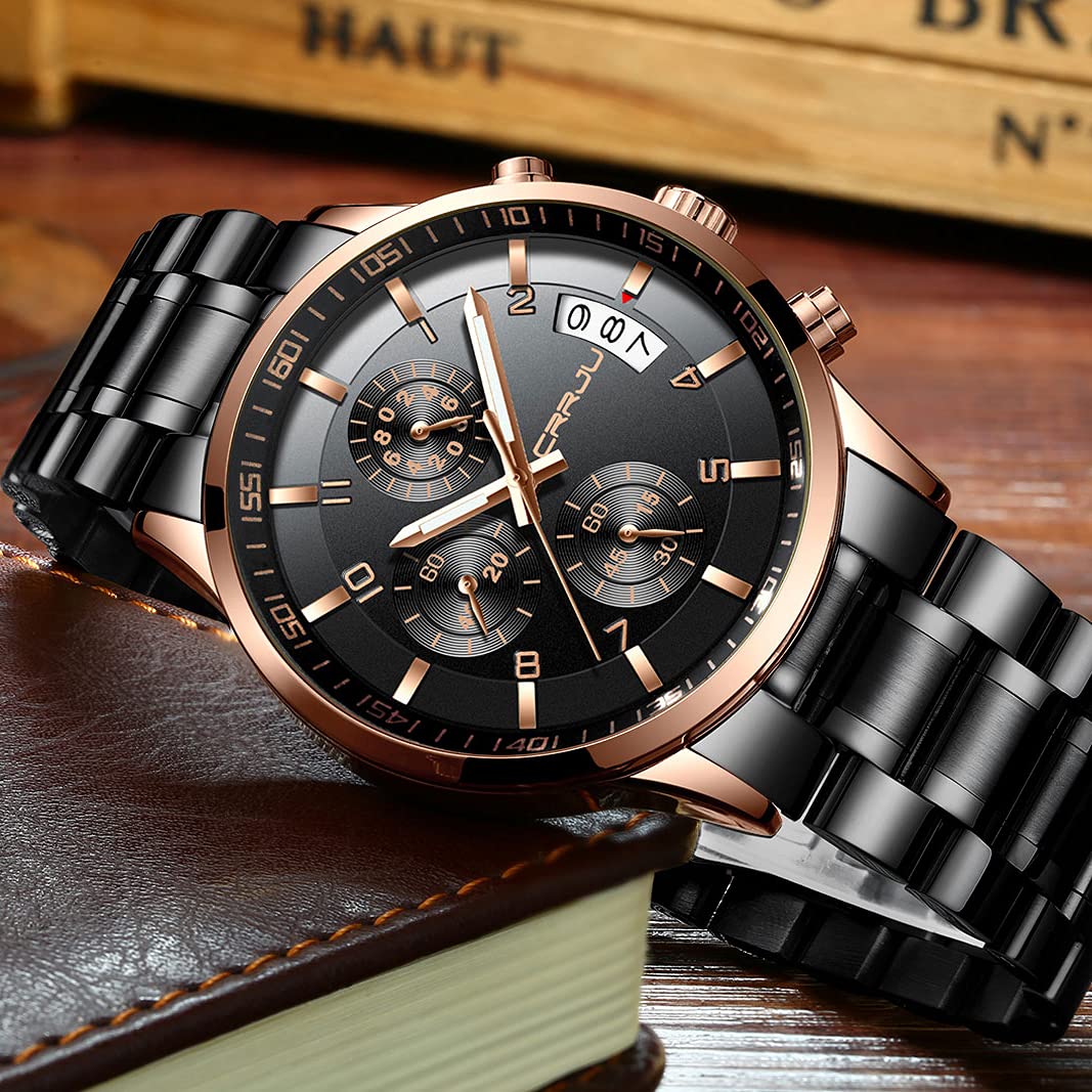 CRRJU Men's Fashion Stainless Steel Watches Date Waterproof Chronograph Wrist watches,Stainsteel Steel Band Waterproof Watch