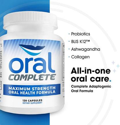 Oral Complete 11-in-1 Dental Probiotics, Bad Breath Treatment Halitosis Tonsil Stone with Non-GMO with BLIS K12, Ashwagandha and Collagen, 120 Capsules