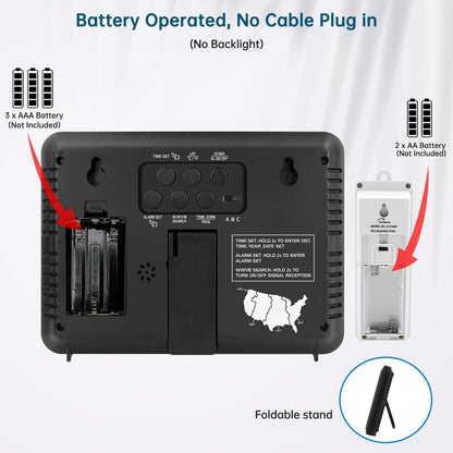 WallarGe Atomic Clock with Outdoor and Indoor Temperature - 12.5 Inch Self-Setting Digital Clock Large Display, Battery Operated Wall Clocks or Desk Clocks for Bedroom, Livingroom, Office
