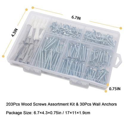 High Hardness Wood Screws Assortment Kit, 209 pcs, Phillips Drive Flat Head, Wood Screws, Screws, Drywall Screws, Assorted Screws, Screws Set, 6 Sizes (2”,1-1/2”,1-1/4”,1”,3/4”,1/2”)