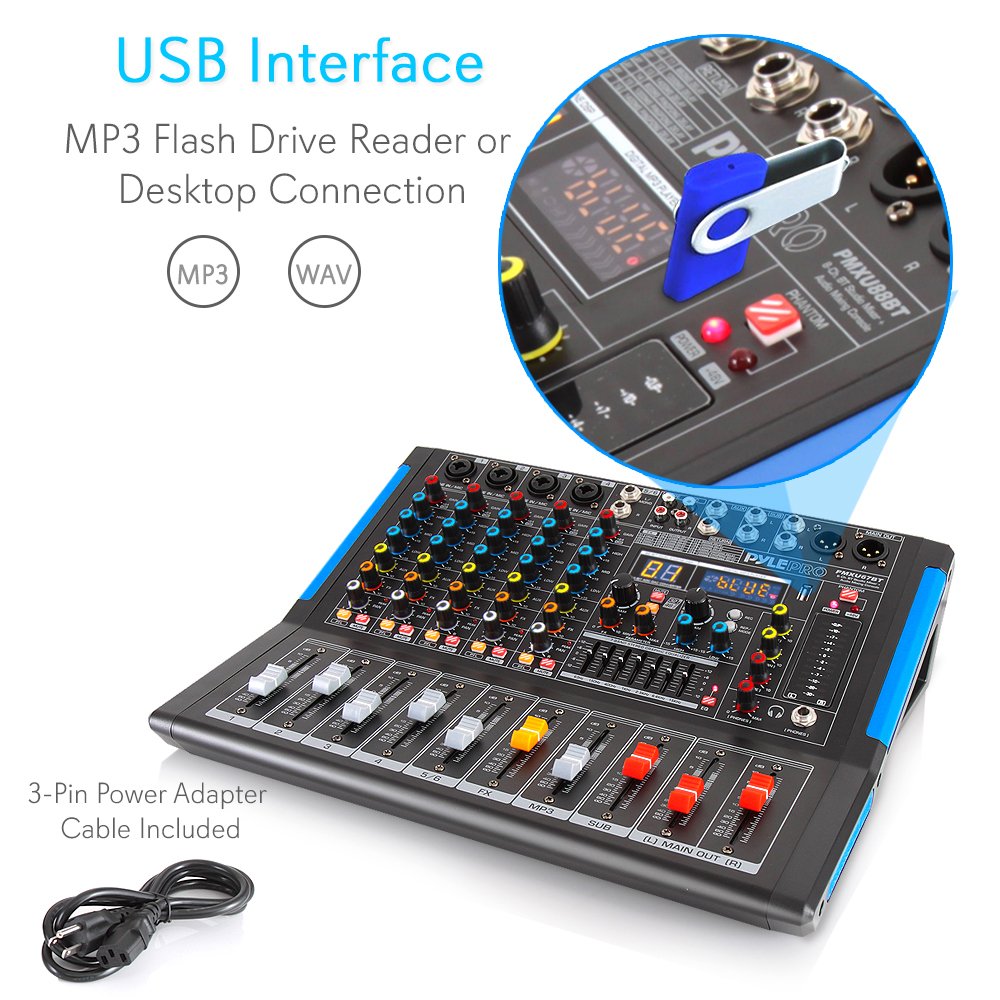 Pyle 4-Channel Bluetooth Studio Audio Mixer-DJ Sound Controller Interface with USB Drive for PC Recording Input, XLR Microphone Jack,48V Power,Input/Output for Professional and Beginners - PMXU46BT