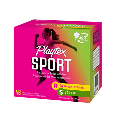 Playtex Sport Tampons Multipack (24ct Regular/24ct Super), Fragrance-Free - 48ct | Tampons Regular and Super, Playtex Tampon Multipack, Feminine Care with 360 Leak Defense