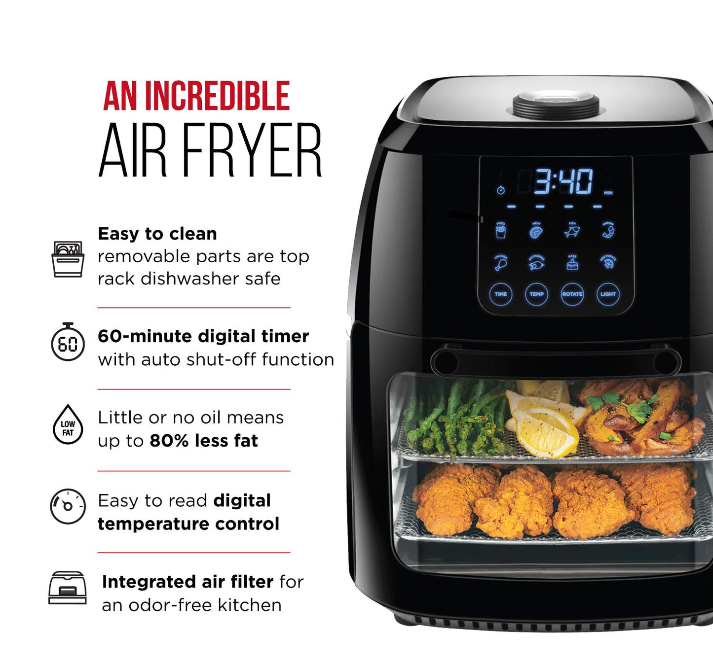 CHEFMAN Multifunctional Digital Air Fryer+ Rotisserie, Dehydrator, Convection Oven, 17 Touch Screen Presets Fry, Roast, Dehydrate, Bake, XL 10L Family Size, Auto Shutoff, Large Easy-View Window, Black