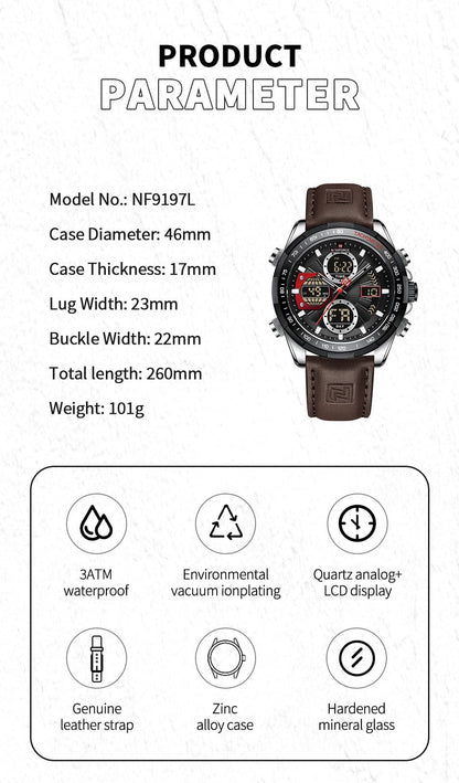 NAVIFORCE Men's Military Digital Watches Analog Quartz Waterproof Watch Sport Multifunctional Leather Wristwatch