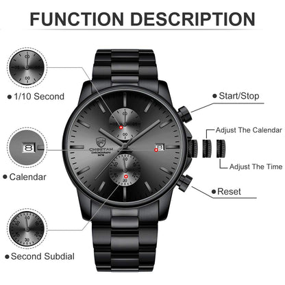 GOLDEN HOUR Fashion Businessmen's Watches with Stainless Steel Waterproof Chronograph Quartz Watch for Men, Auto Date