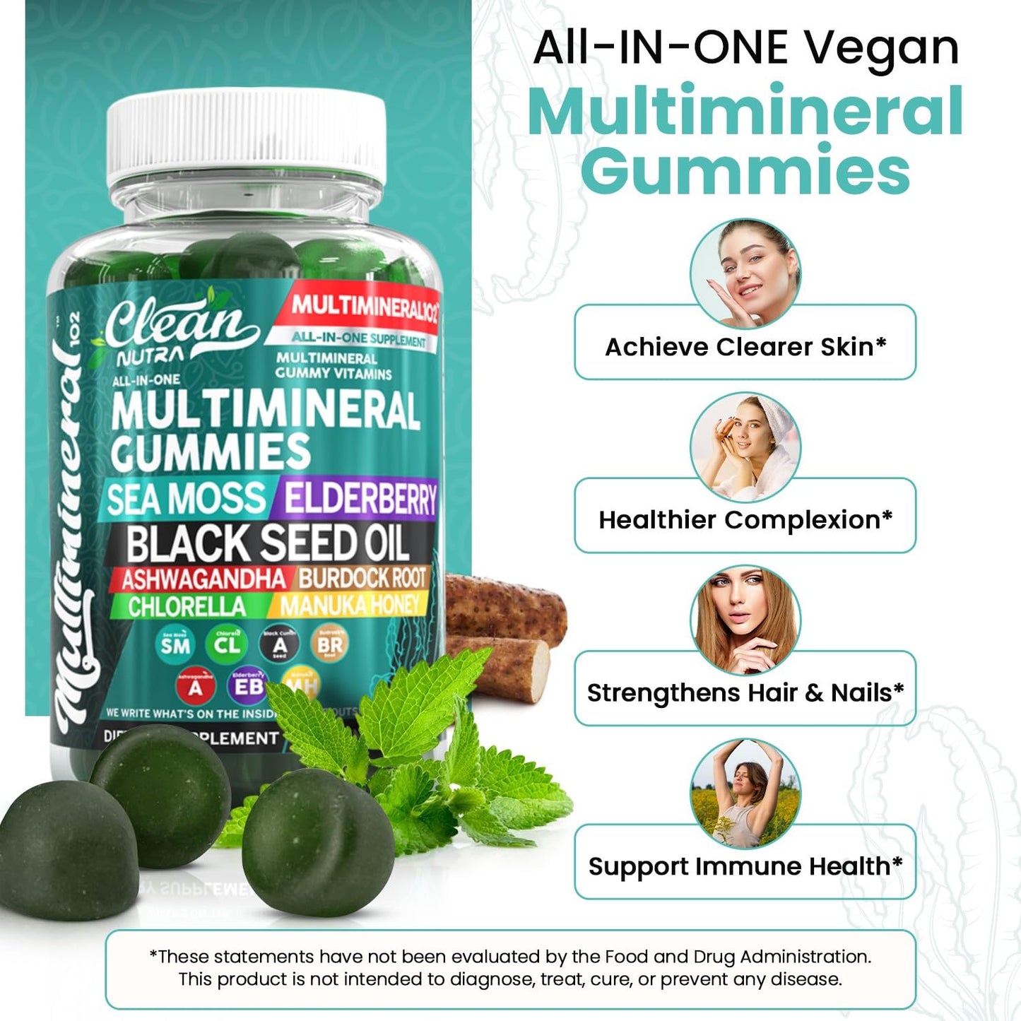 Sea Moss Black Seed Oil Gummies with Ashwagandha, Elderberry, Burdock Root, Chlorella, Manuka Honey - Vegan Gummy Vitamins for Adults Kids Men Women - Multimineral Green Apple Flavor by Clean Nutra