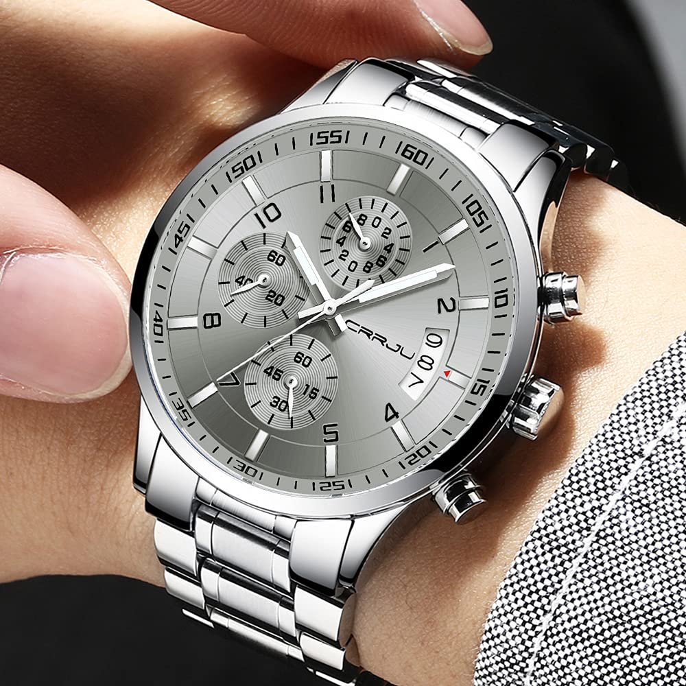 CRRJU Men's Fashion Stainless Steel Watches Date Waterproof Chronograph Wrist watches,Stainsteel Steel Band Waterproof Watch