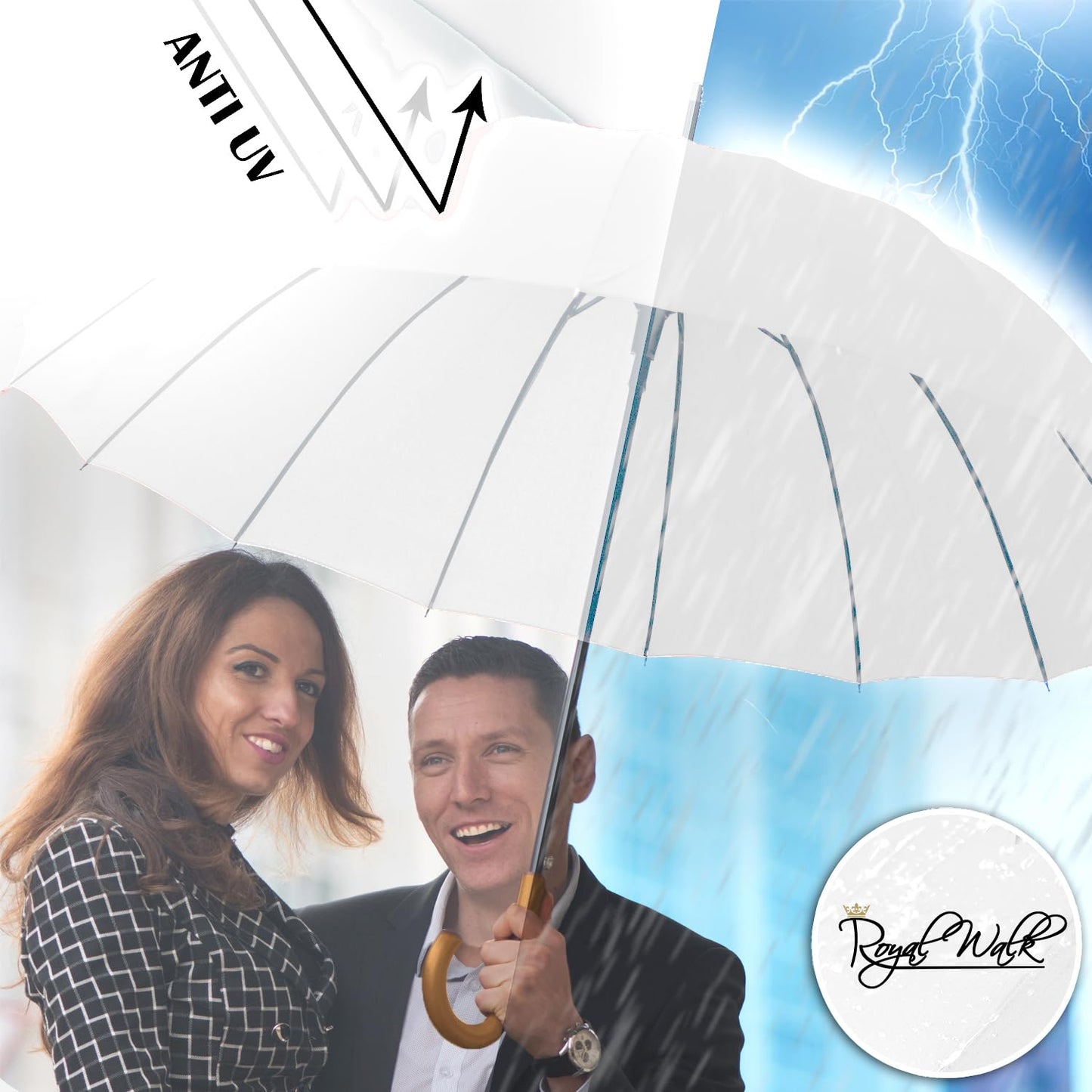 Royal Walk Windproof Large Umbrella for Rain 54 Inch Automatic Open for 2 Persons Wind Resistant Big Golf Umbrellas for Adult Men Women Classic Wooden Handle Fast Drying Strong 16 Ribs Travel 120cm