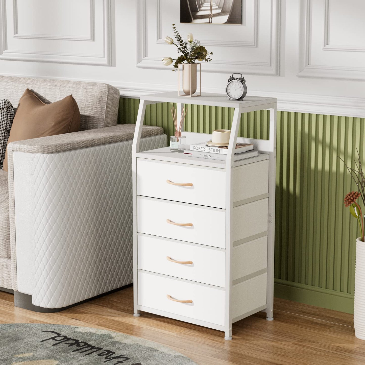 Furnulem White Dresser with 5 Drawers, Vertical Storage Tower Fabric Dresser for Bedroom, Hallway, Entryway, Nursery, Closet Organizer, Nightstand Bedside Table Furniture, Sturdy Steel Frame, Wood Top