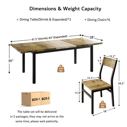 iPormis 7-Piece Dining Table & Chairs Set for 4-6, 63" Extendable Kitchen Table with 6 Chairs, Dining Room Table with Metal Frame & MDF Board, Perfect for Small Space, Easy Assembly, Black