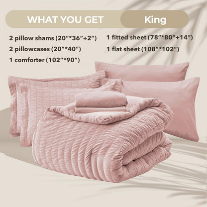 HYMOKEGE Queen Comforter Set Seersucker 7 Pieces, All Season Luxury Bed in a Bag for Bedroom, Bedding Set with Comforters, Sheets, Pillowcases & Shams, Dark Grey