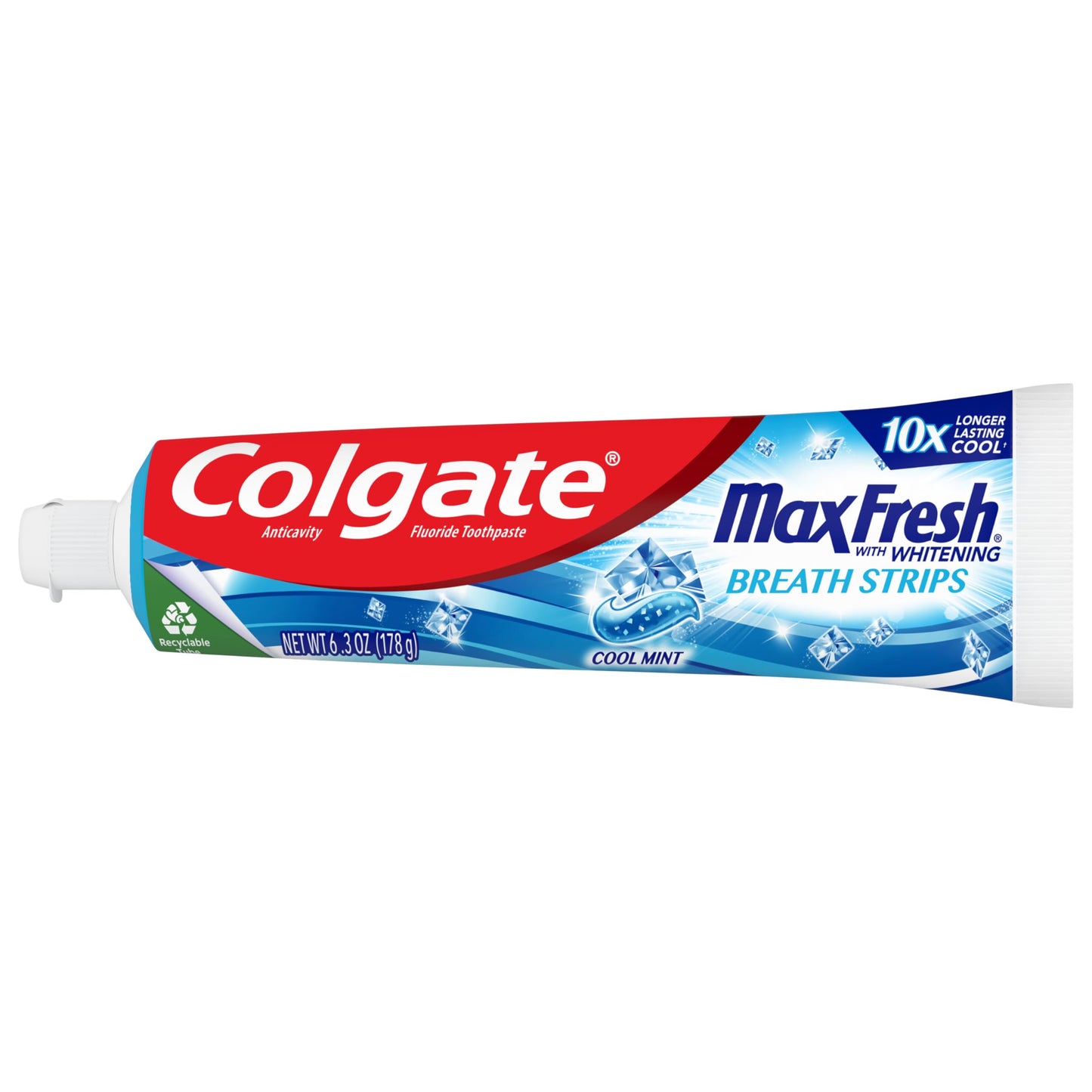 Colgate Max Fresh Whitening Toothpaste with Mini Strips, Clean Mint Toothpaste for Bad Breath, Helps Fight Cavities, Whitens Teeth, and Freshens Breath, 6.3 Ounce (Pack of 4)