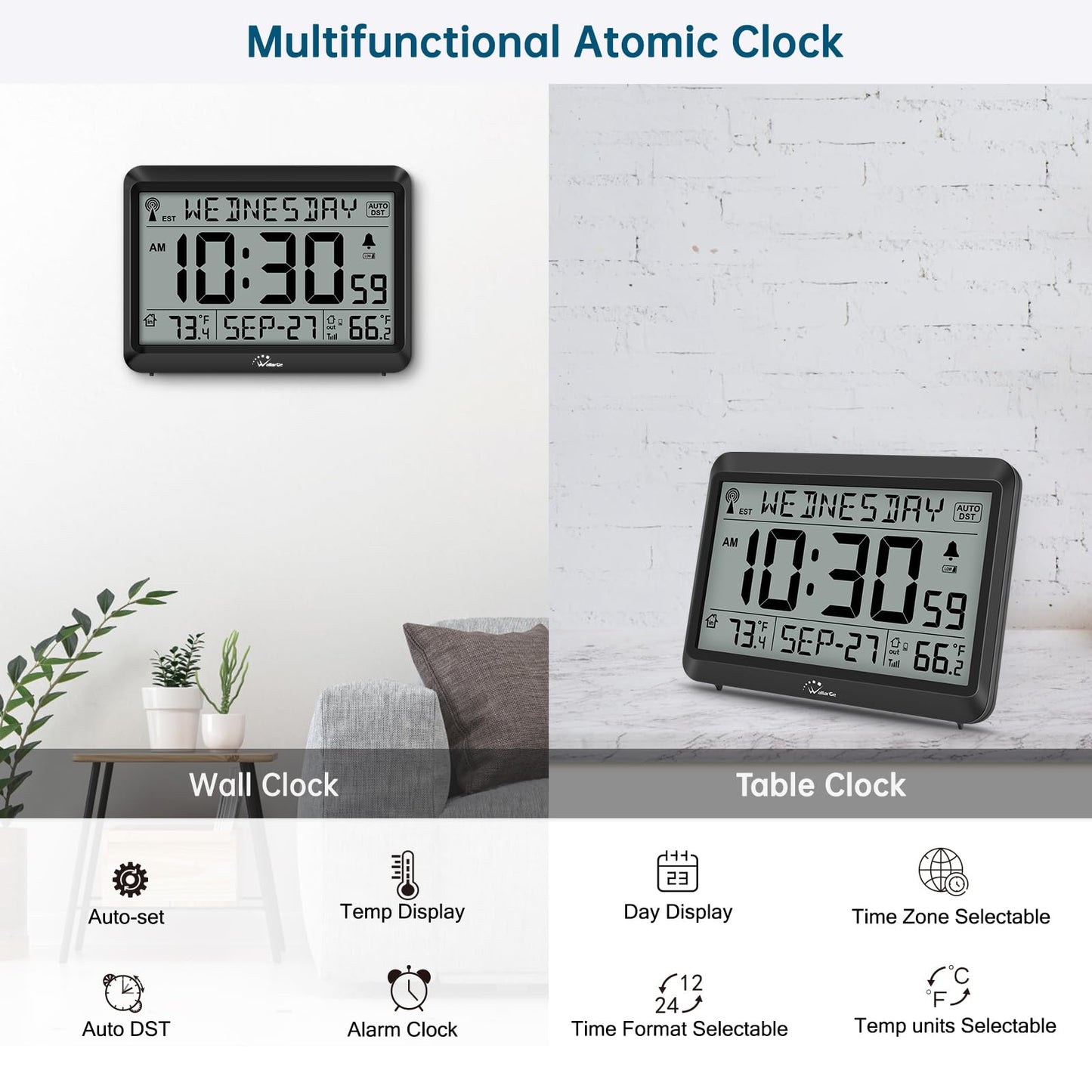 WallarGe Atomic Clock with Outdoor and Indoor Temperature - 12.5 Inch Self-Setting Digital Clock Large Display, Battery Operated Wall Clocks or Desk Clocks for Bedroom, Livingroom, Office