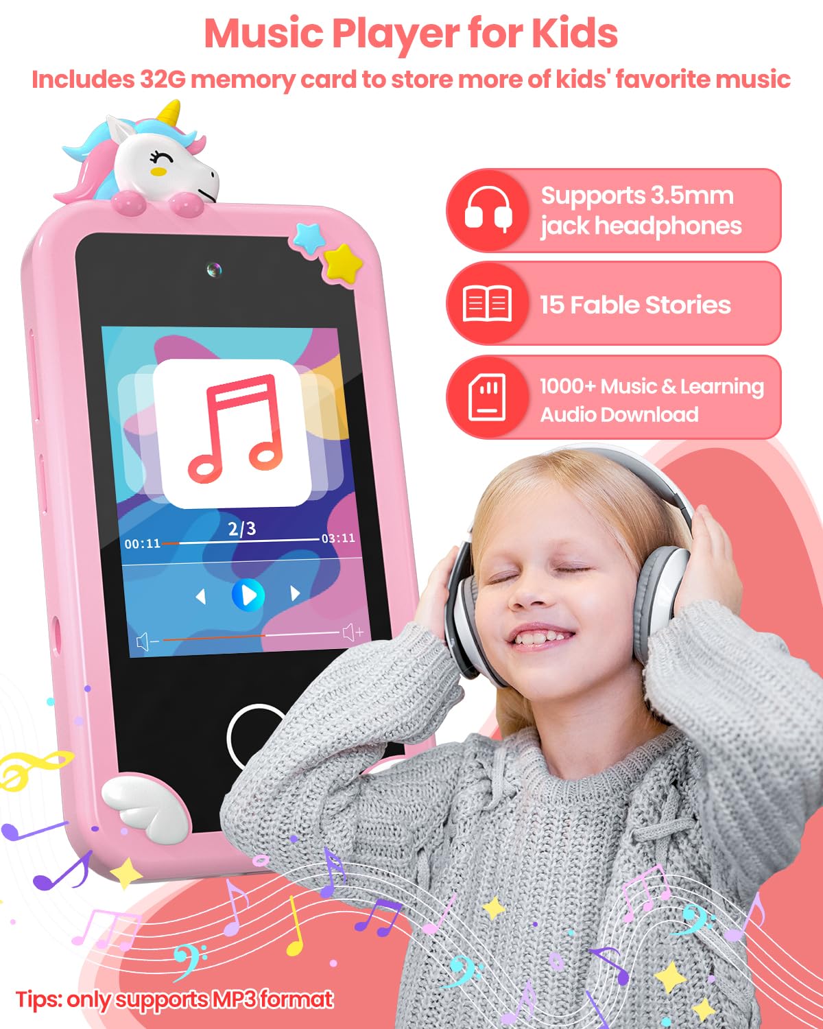 Kids Smart Phone for Girls with 4.0" Large Touchscreen, 32G Card Christmas Birthday Gifts for Age 3-10 Kid Toys Cell Phone with Holographic Pyramid, Toddler Learning Toy, Dual Lens, Music Player(Pink)