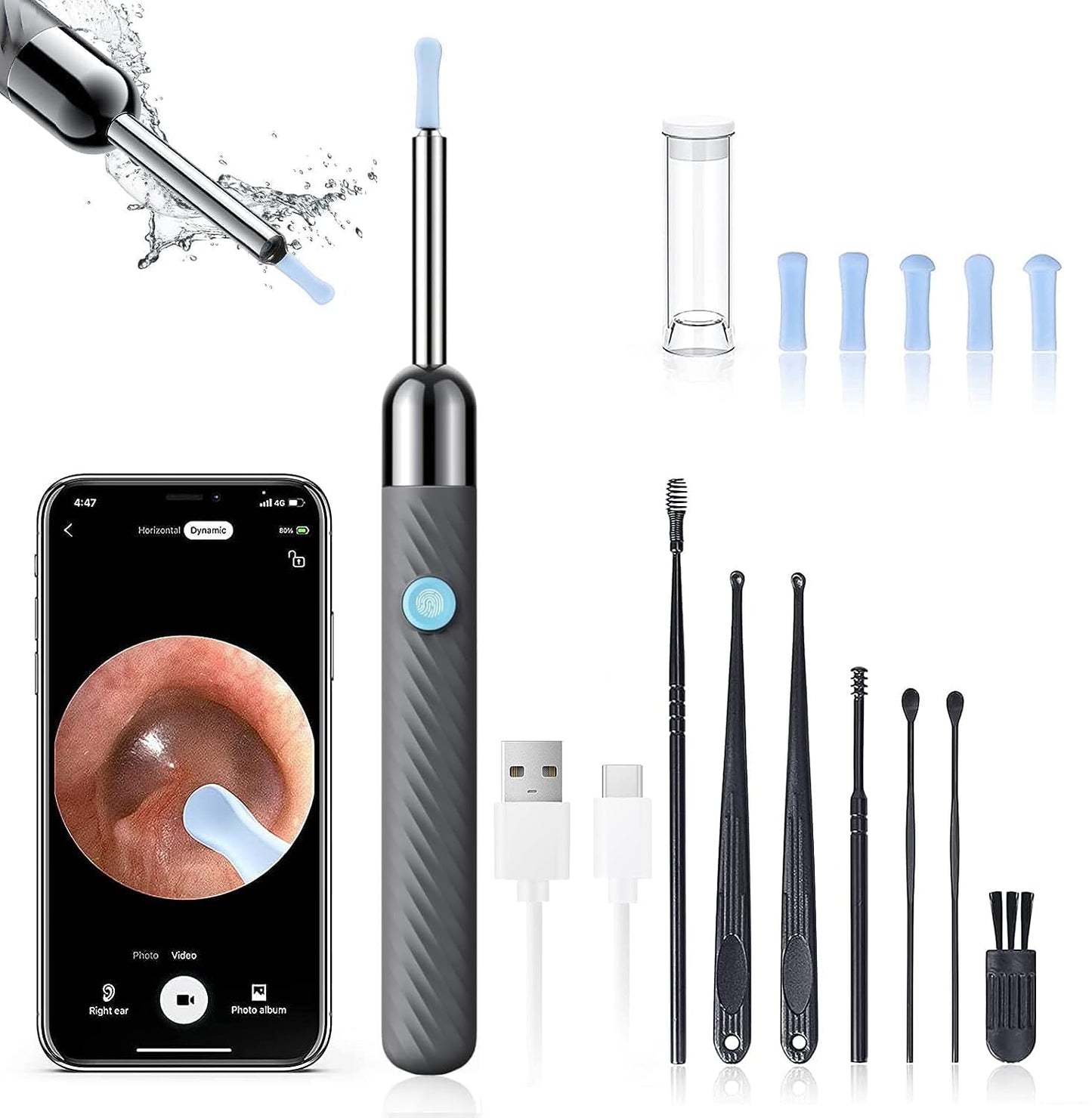 Ear Wax Removal - Earwax Remover Tool with 8 Pcs Ear Set - Ear Cleaner with Camera - Earwax Removal Kit with Light - Ear Camera with 6 Ear Spoon - Ear Cleaner for iOS & Android (Black)