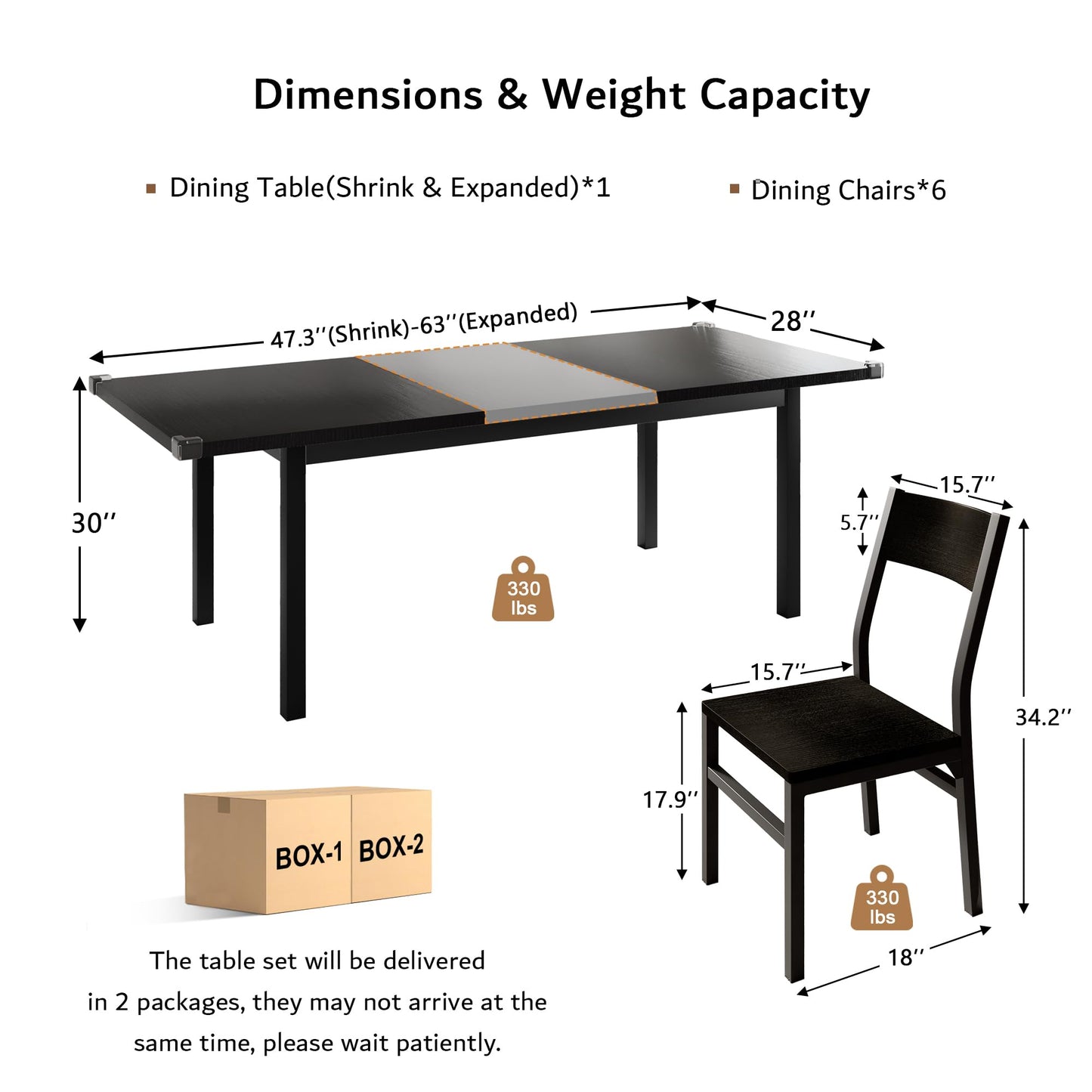 iPormis 7-Piece Dining Table & Chairs Set for 4-6, 63" Extendable Kitchen Table with 6 Chairs, Dining Room Table with Metal Frame & MDF Board, Perfect for Small Space, Easy Assembly, Black