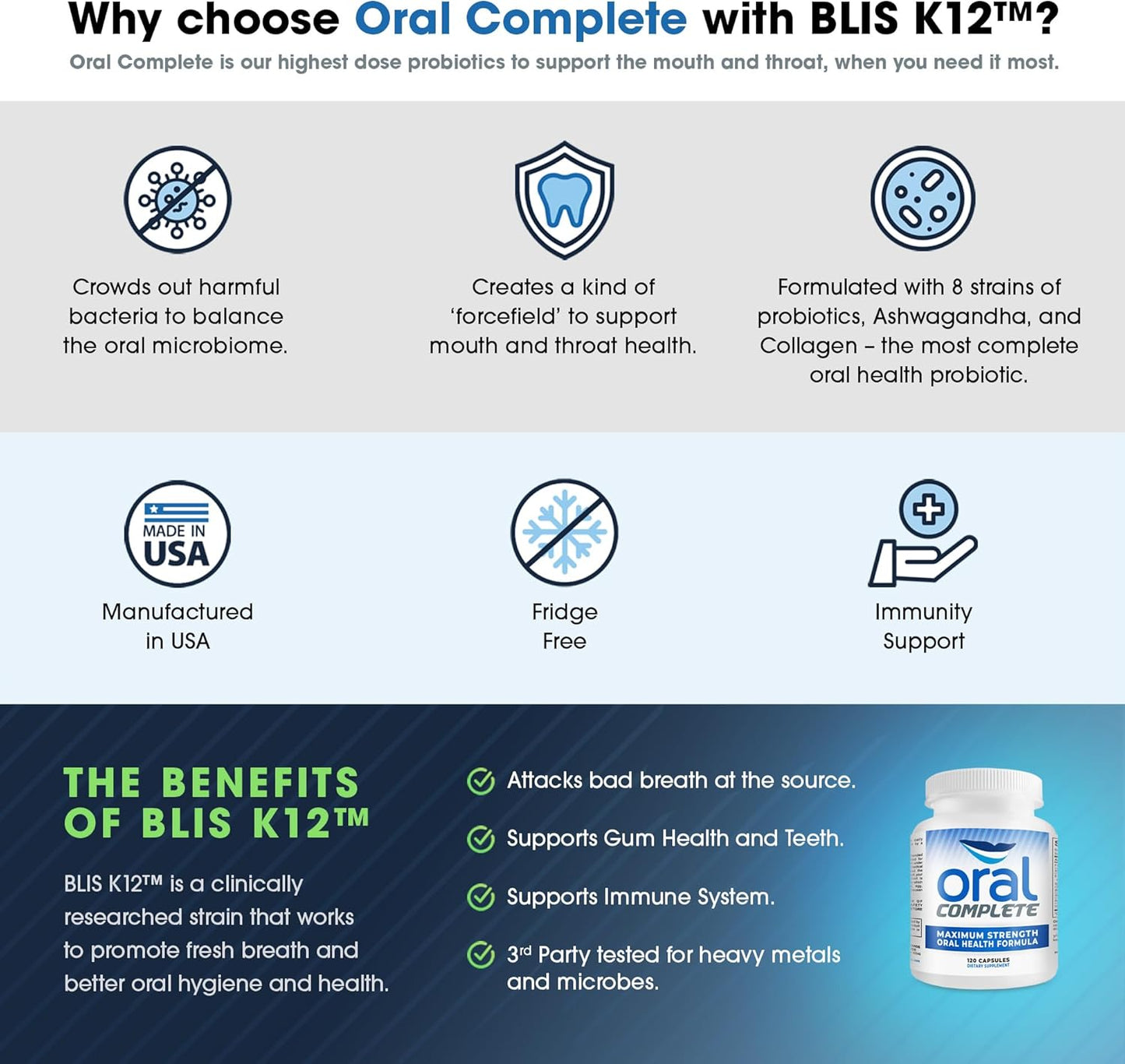 Oral Complete 11-in-1 Dental Probiotics, Bad Breath Treatment Halitosis Tonsil Stone with Non-GMO with BLIS K12, Ashwagandha and Collagen, 120 Capsules