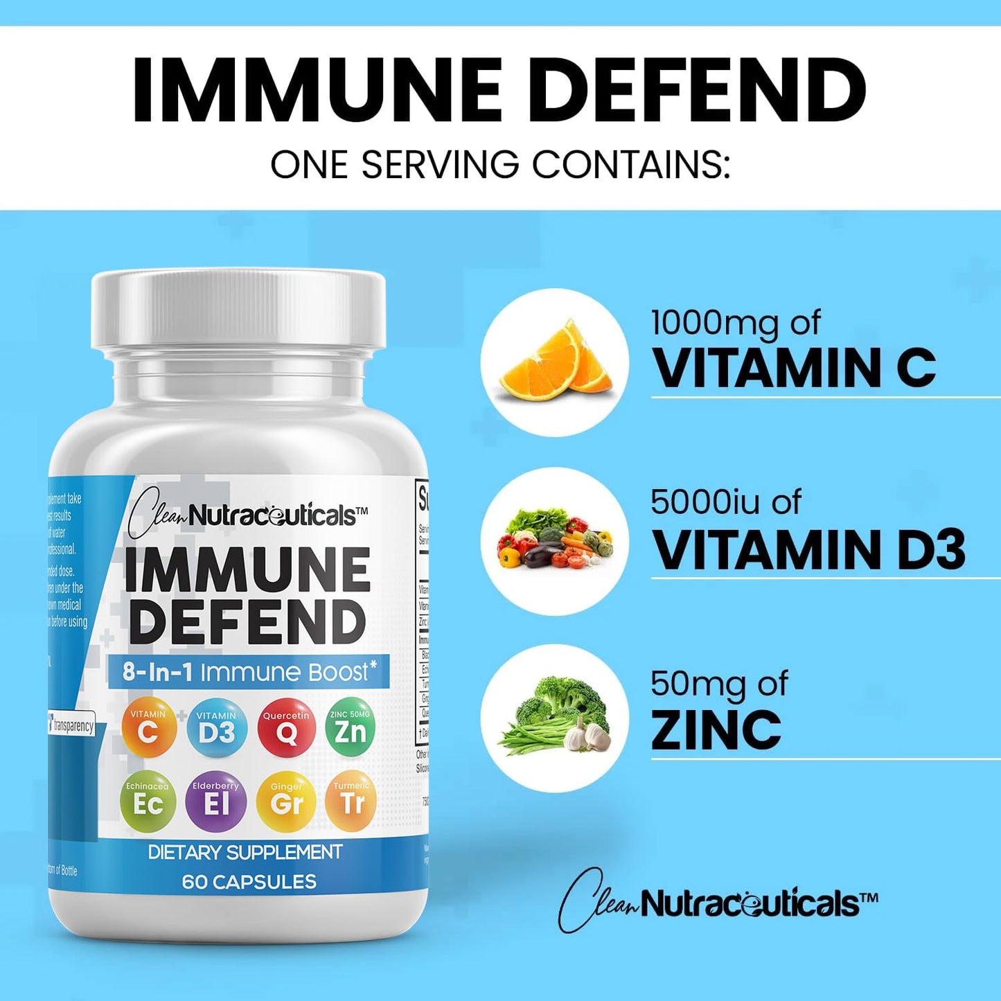 Clean Nutraceuticals Immune Defense Support Supplement 8 in 1 with Zinc 50mg Quercetin, VIT C 1000mg, Vitamin D3 5000 IU, Elderberry, Ginger - Immunity System Booster for Adults, Vegan - 60 Count