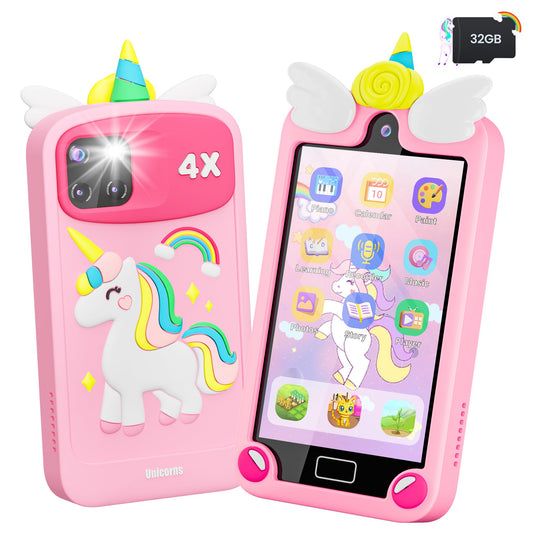 Kids Smart Phone for Girls with 4.0" Large Touchscreen, 32G Card Christmas Birthday Gifts for Age 3-10 Kid Toys Cell Phone with Holographic Pyramid, Toddler Learning Toy, Dual Lens, Music Player(Pink)