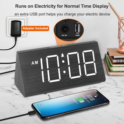 DreamSky Wooden Digital Alarm Clocks for Bedrooms - Electric Desk Clock with Large Numbers, USB Port, Loud Alarm for Heavy Sleepers, Adjustable Volume, Dimmer, Snooze, DST, 12/24H, Wood Décor Gifts