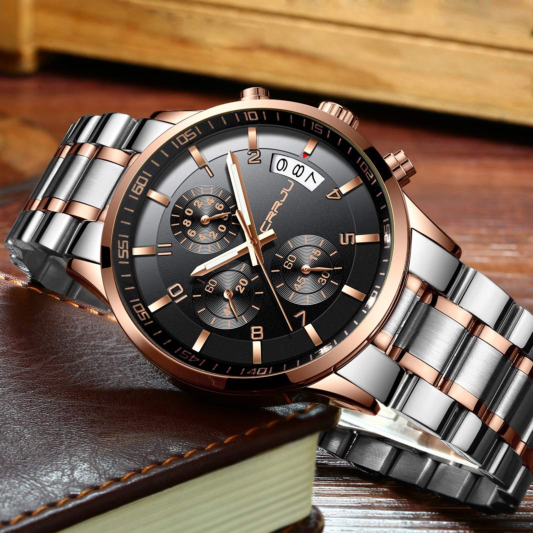 CRRJU Men's Fashion Stainless Steel Watches Date Waterproof Chronograph Wrist watches,Stainsteel Steel Band Waterproof Watch