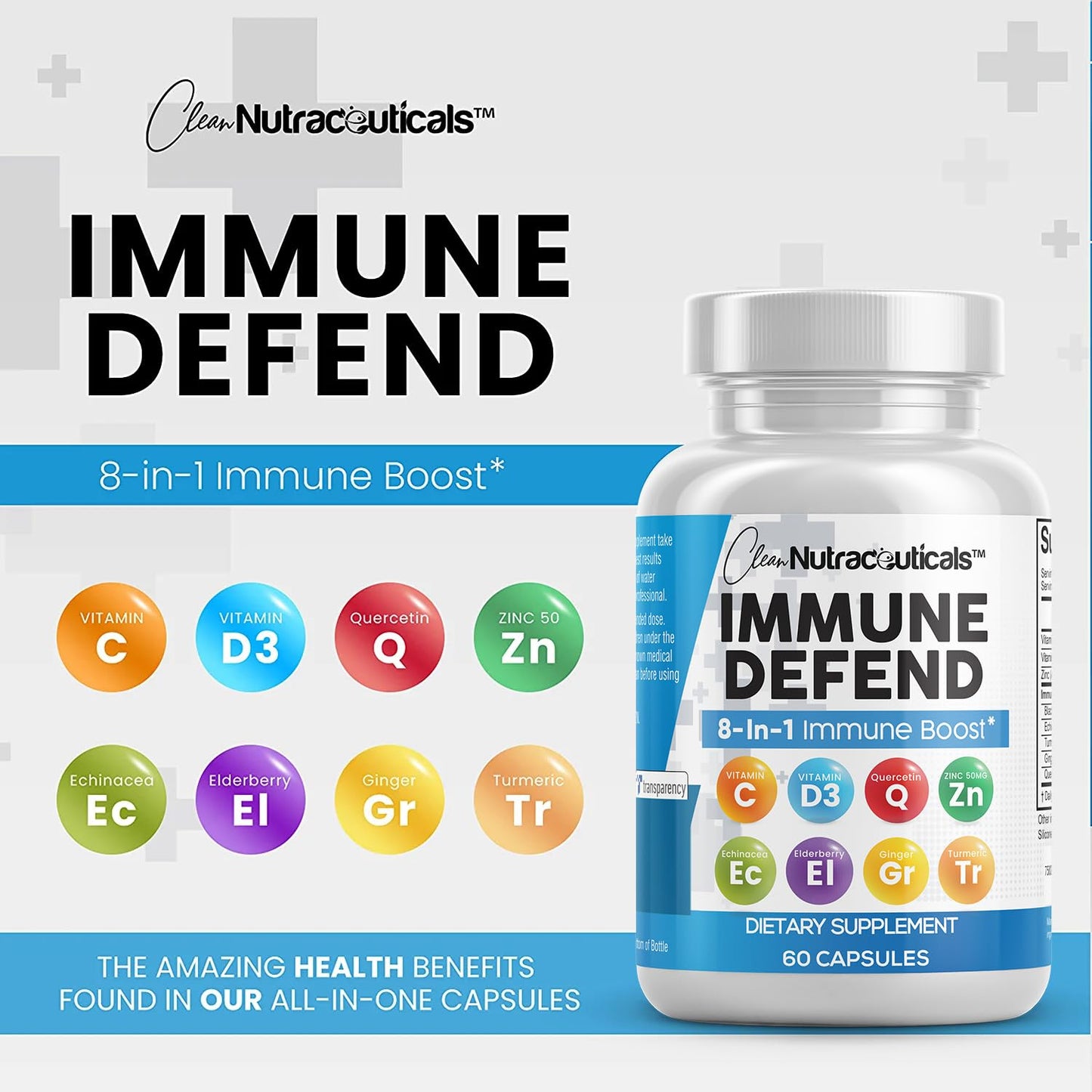 Clean Nutraceuticals Immune Defense Support Supplement 8 in 1 with Zinc 50mg Quercetin, VIT C 1000mg, Vitamin D3 5000 IU, Elderberry, Ginger - Immunity System Booster for Adults, Vegan - 60 Count