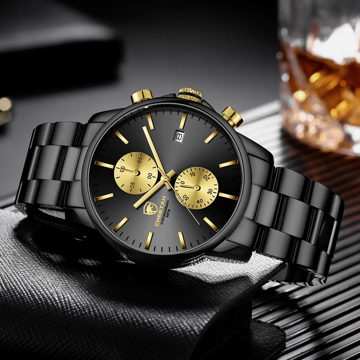 GOLDEN HOUR Fashion Businessmen's Watches with Stainless Steel Waterproof Chronograph Quartz Watch for Men, Auto Date