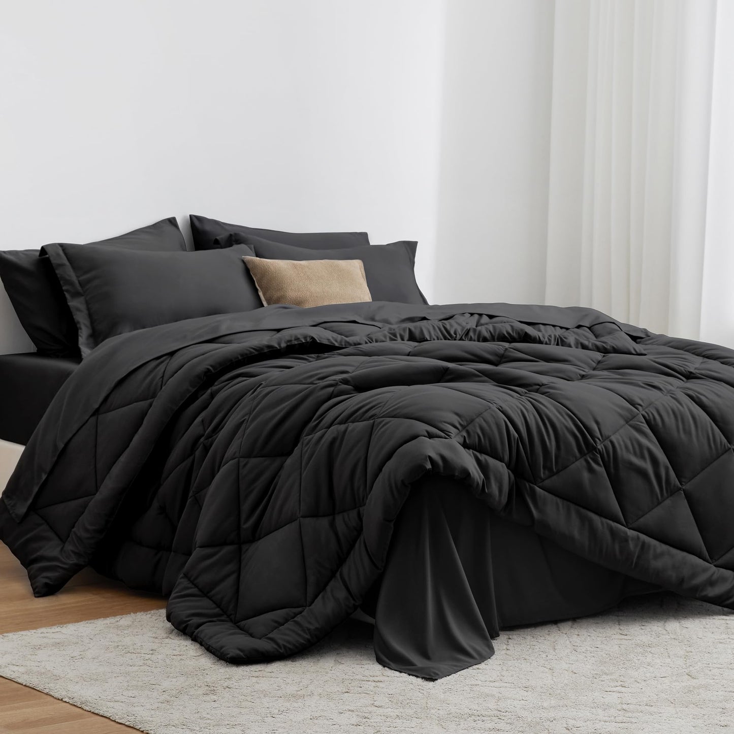 Love's cabin Full Comforter Set Black, 7 Pieces Full Bed in a Bag, All Season Full Bedding Sets with 1 Comforter, 1 Flat Sheet, 1 Fitted Sheet, 2 Pillowcase and 2 Pillow Sham