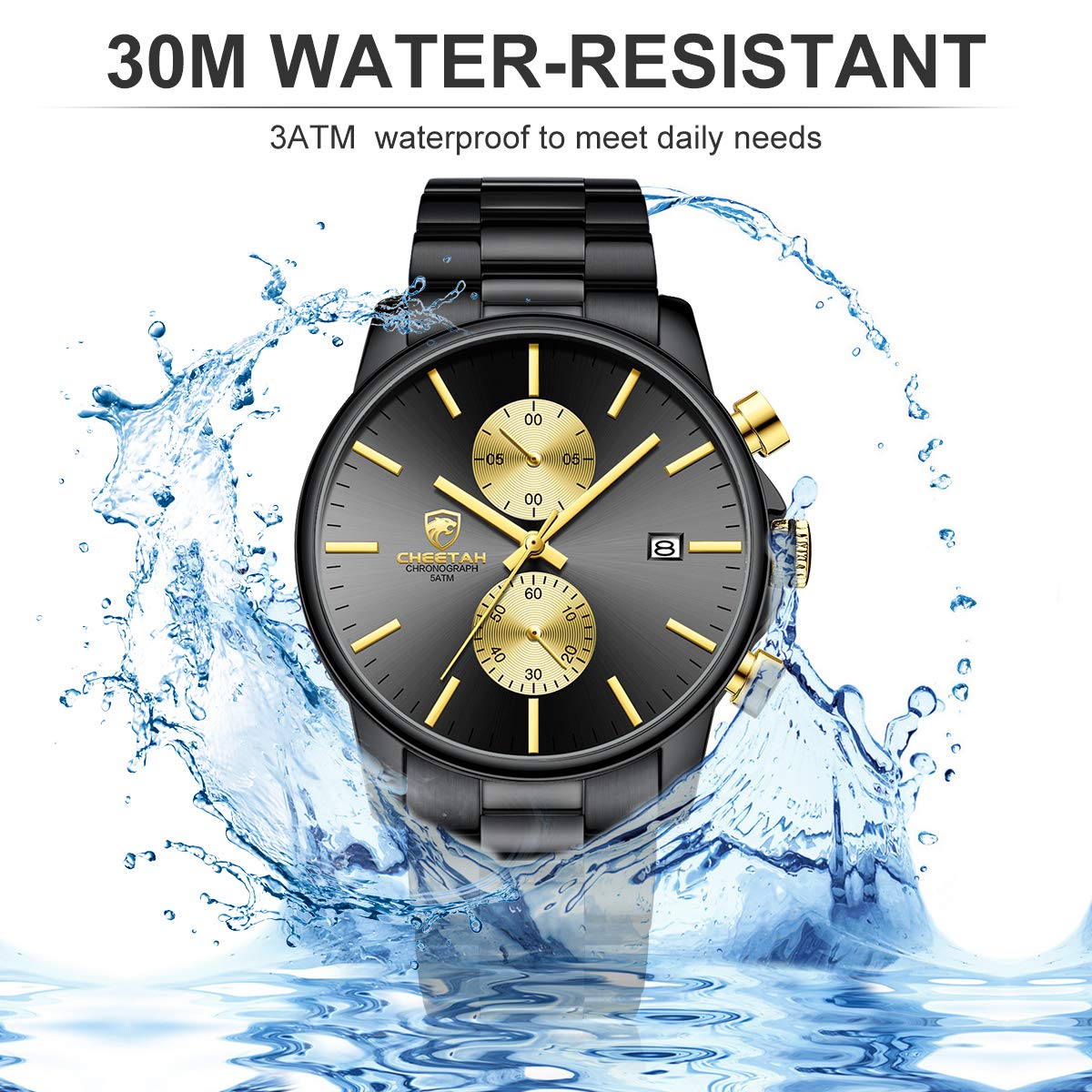 GOLDEN HOUR Fashion Businessmen's Watches with Stainless Steel Waterproof Chronograph Quartz Watch for Men, Auto Date