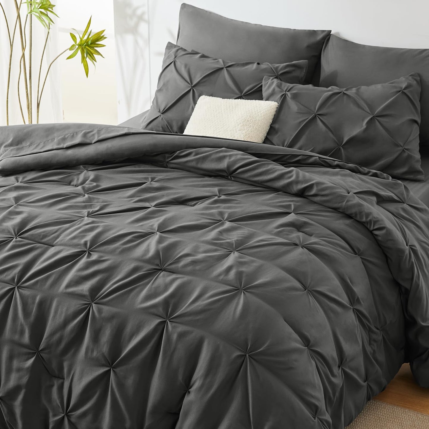 CozyLux Queen Comforter Set 7 Pieces Bed in A Bag Black Comforters Queen Size Bed Set Pintuck Pinch Pleat Complete Bedding Sets with Comforter, Flat Sheet, Fitted Sheet and Pillowcases & Shams