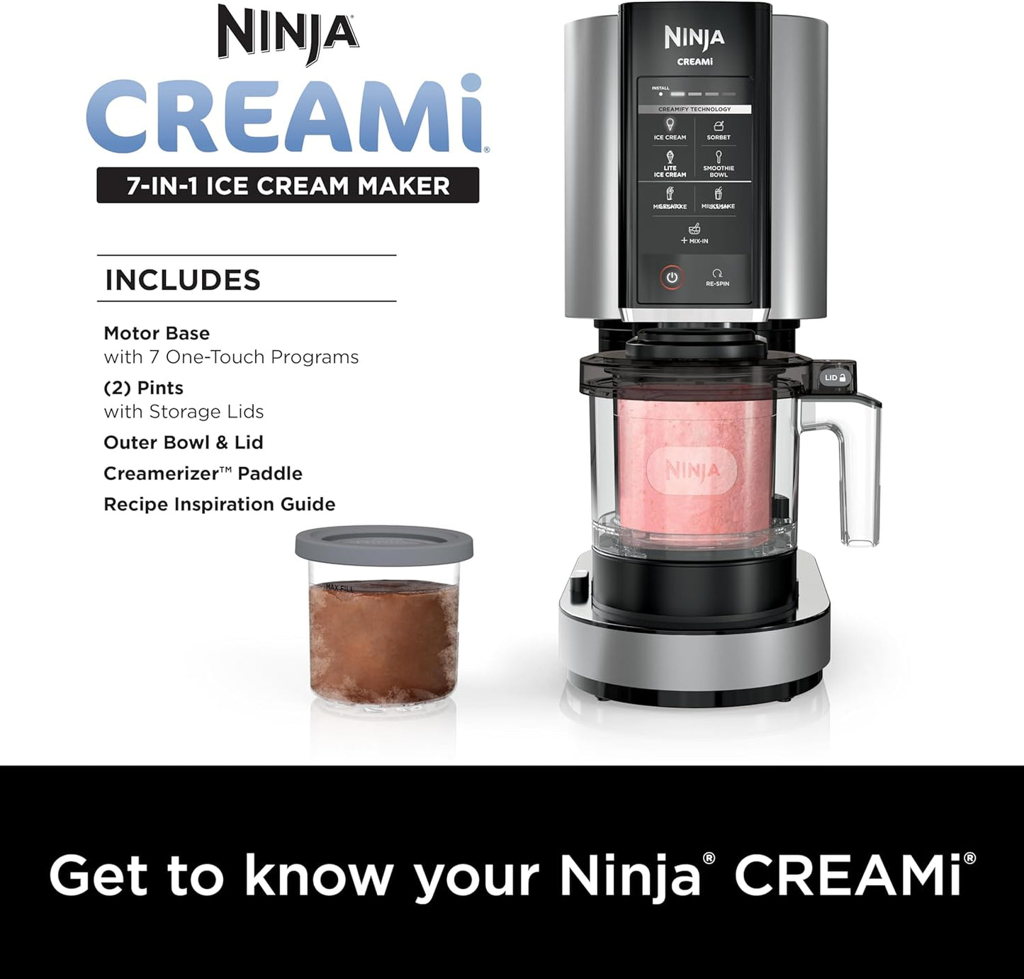 Ninja NC301 CREAMi Ice Cream Maker, for Gelato, Mix-ins, Milkshakes, Sorbet, Smoothie Bowls & More, 7 One-Touch Programs, with (2) Pint Containers & Lids, Compact Size, Perfect for Kids, Silver