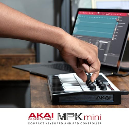 AKAI Professional MPK Mini MK3 - 25 Key USB MIDI Keyboard Controller With 8 Backlit Drum Pads, 8 Knobs and Music Production Software Included, White