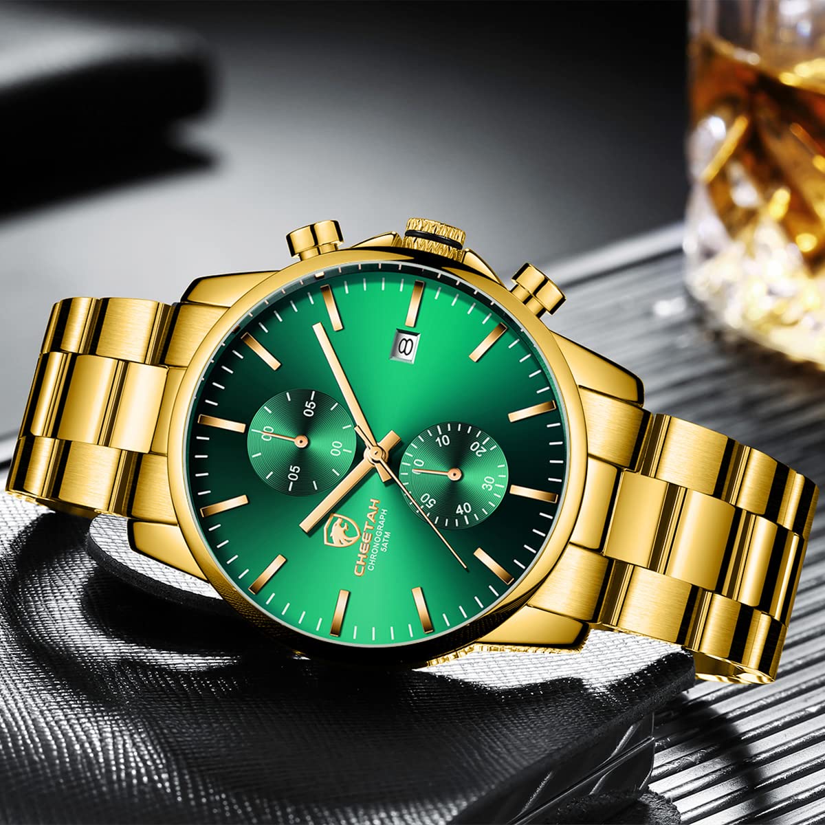 GOLDEN HOUR Fashion Businessmen's Watches with Stainless Steel Waterproof Chronograph Quartz Watch for Men, Auto Date