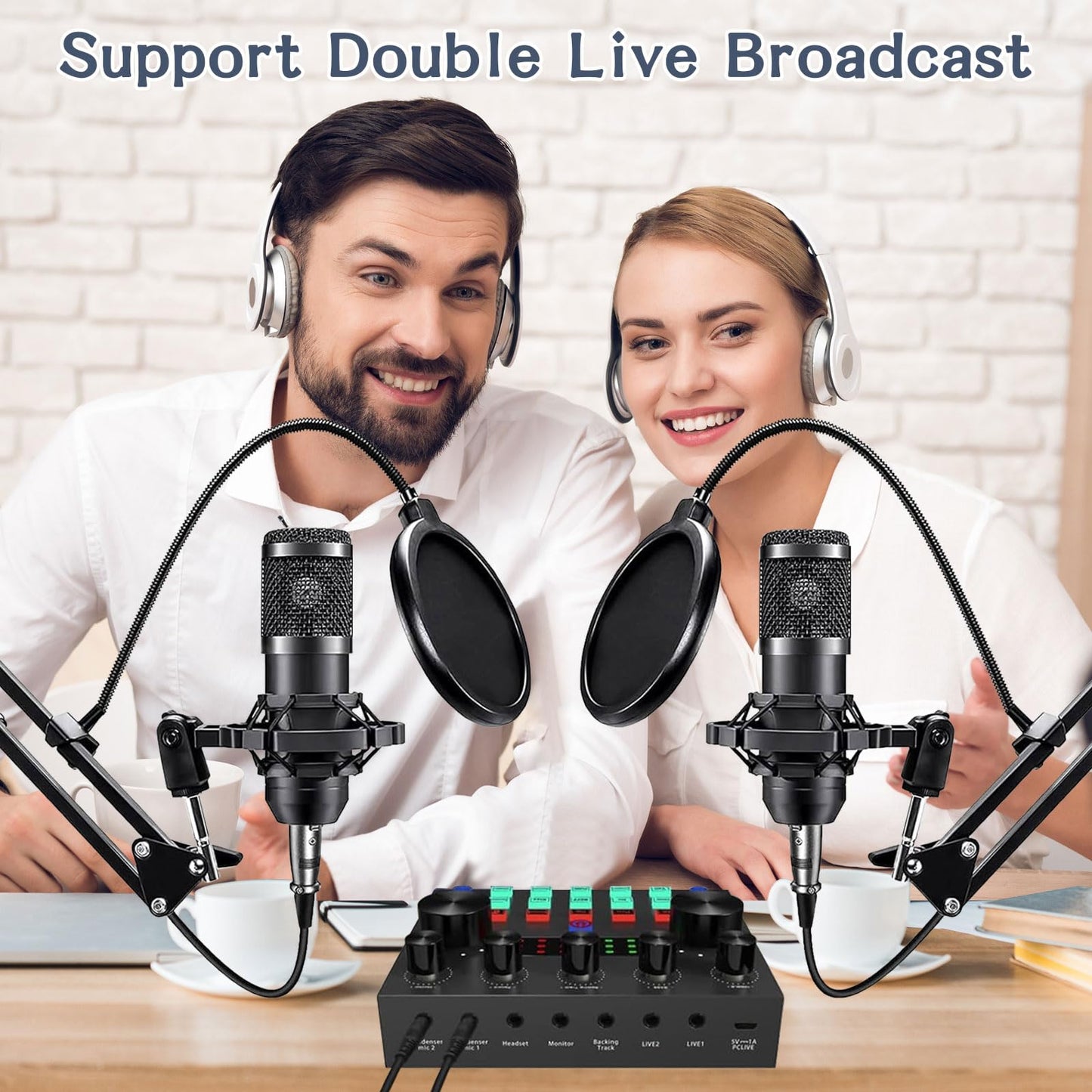 Podcast Equipment Bundle For 2, ALPOWL Audio Interface with Cardioid Designer BM800 Mic for Gamer and All-In-One DJ Mixer, perfect for Live Streaming, Singing, YouTube, Gaming