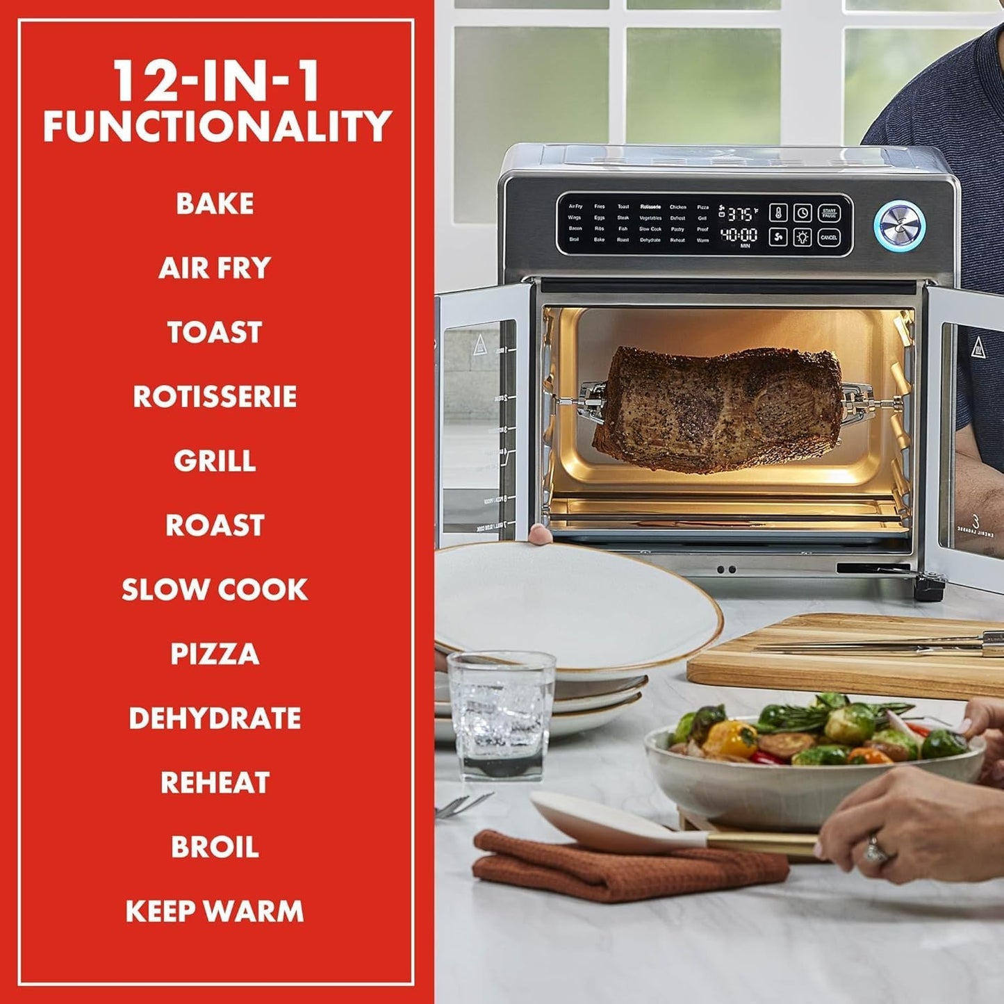 Emeril Lagasse Extra Large French Door Air Fryer Toaster Oven Combo, 25 Cooking Functions and Digital Controls, 7 Accessories Included, Stainless Steel Finish, 26QT Capacity