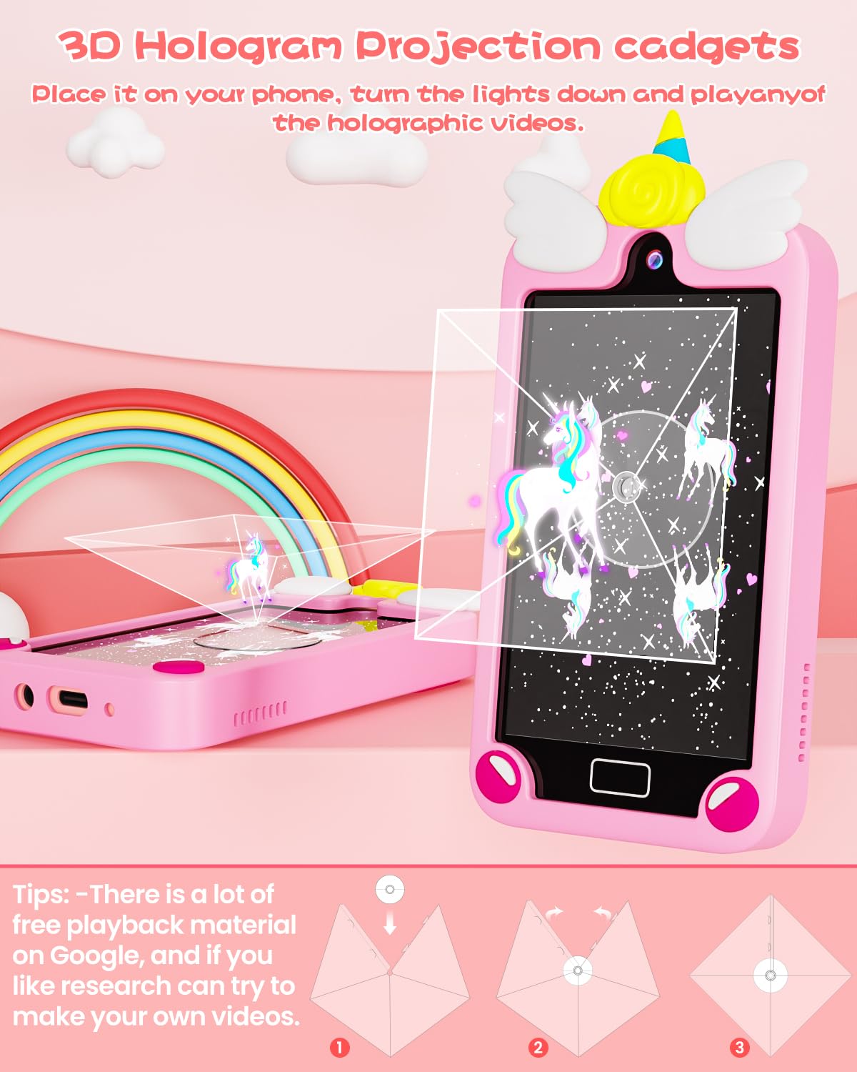 Kids Smart Phone for Girls with 4.0" Large Touchscreen, 32G Card Christmas Birthday Gifts for Age 3-10 Kid Toys Cell Phone with Holographic Pyramid, Toddler Learning Toy, Dual Lens, Music Player(Pink)