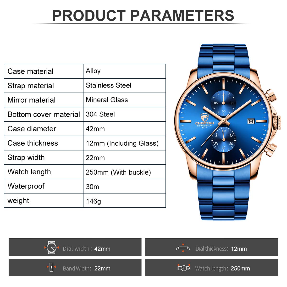 GOLDEN HOUR Fashion Businessmen's Watches with Stainless Steel Waterproof Chronograph Quartz Watch for Men, Auto Date